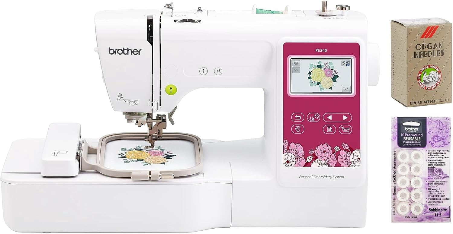 Brother PE545 Embroidery Machine, Wireless LAN Connected and 135 Built-in Designs, White Pre-Wound Bobbins 10 Count, 100-Piece 75/11 Embroidery Needles
