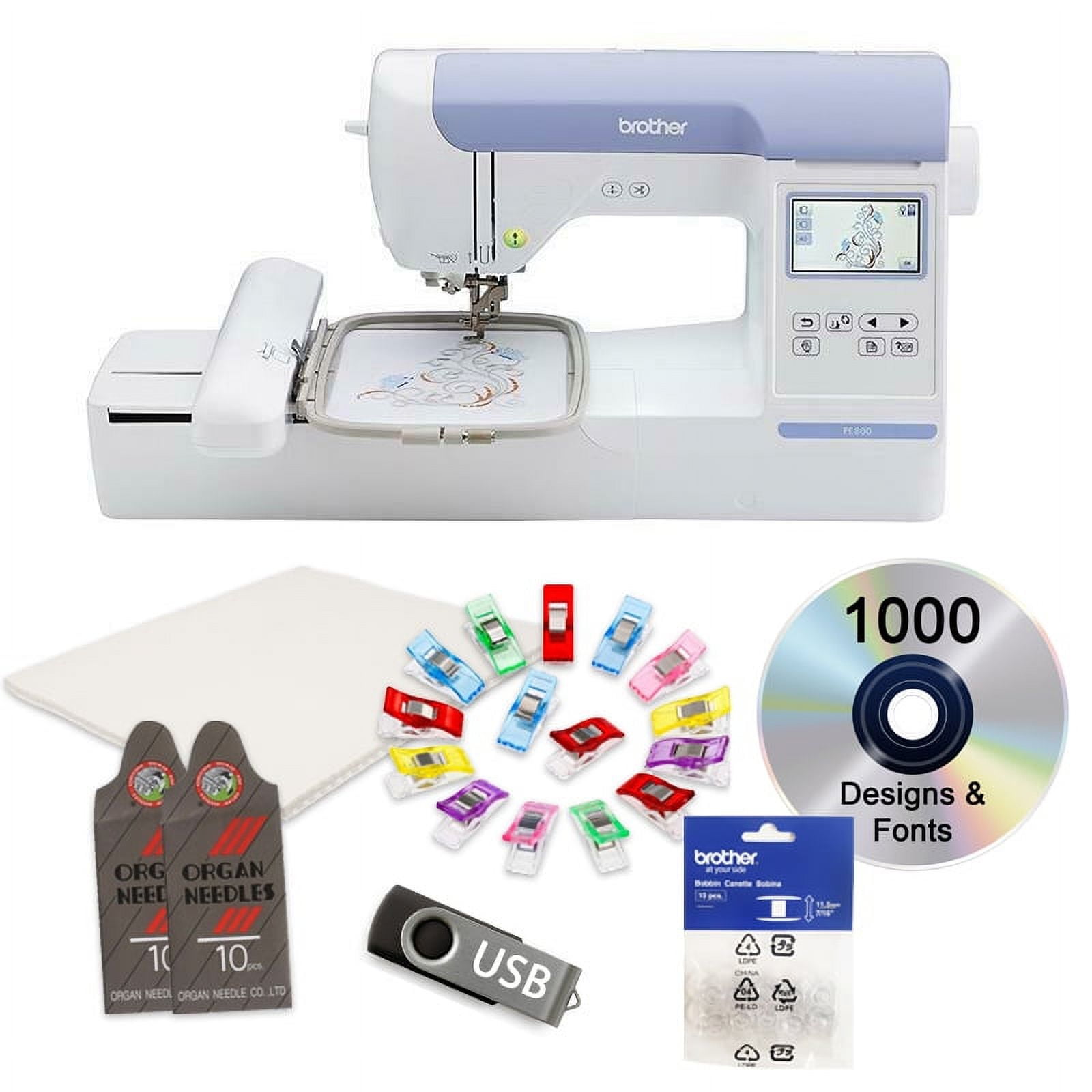 Brother PE800 Embroidery Machine with 1100 Yards Trilobal Polyester Embroidery  Machine Thread and Sewing Clips with Tin Box Bundle (3 Items) : :  Arts & Crafts
