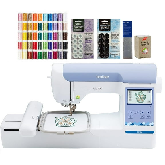 Brother PE900 Embroidery Machine, 50-Piece Designio Thread Set, 20 Bobbins, 100-Piece 75/11 Embroidery Needles, Stabilizer Roll
