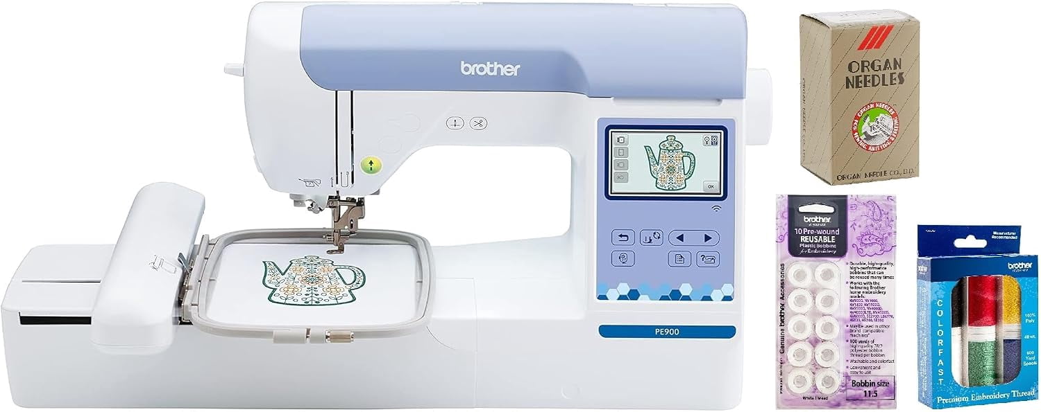 Brother PE900 Embroidery Machine with WLAN, Premium Embroidery Thread 6 Spools, White Pre-Wound Bobbins 10 Count, 75/11 Size Needles 100 Count