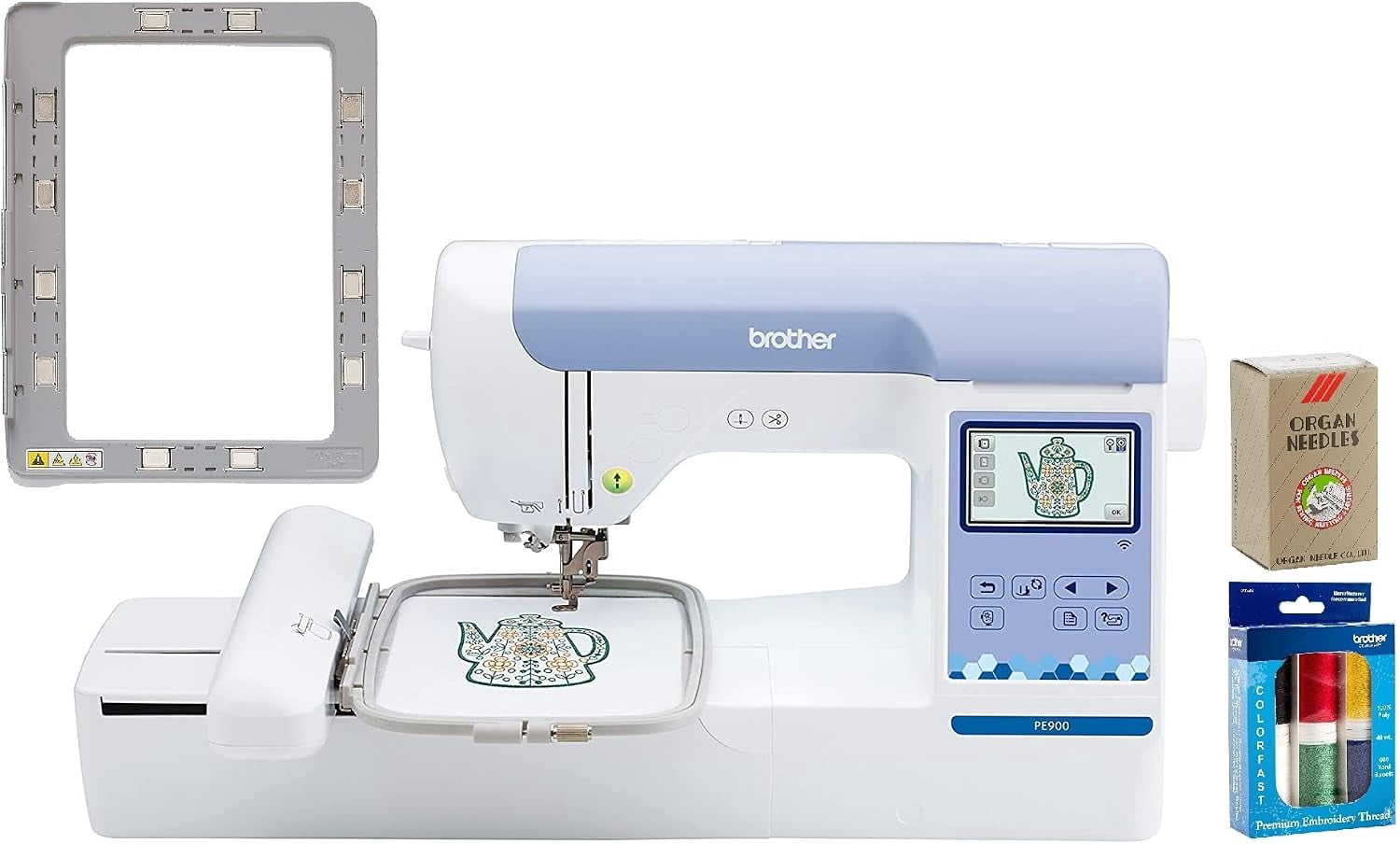 Brother PE900 Embroidery Machine with WLAN and 4"x7" Magnetic Embroidery Hoop Frame, Premium Embroidery Thread 6 Spools, 75/11 Size Needles 100 Count