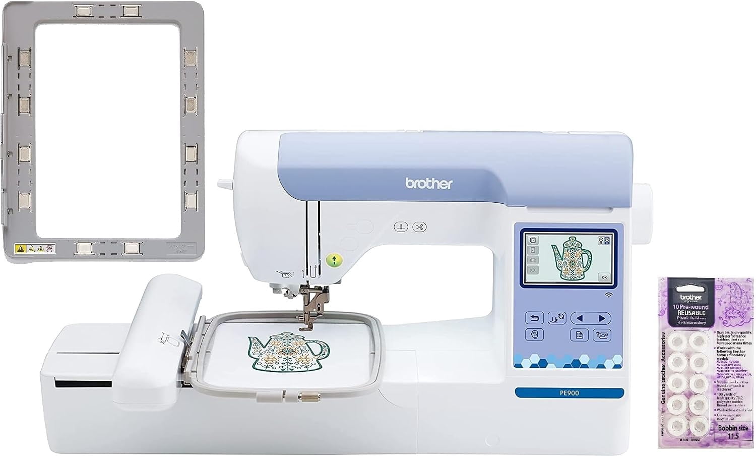 Brother PE900 Embroidery Machine with WLAN and 4"x7" Magnetic Embroidery Hoop Frame, White Pre-Wound Bobbins 10 Count