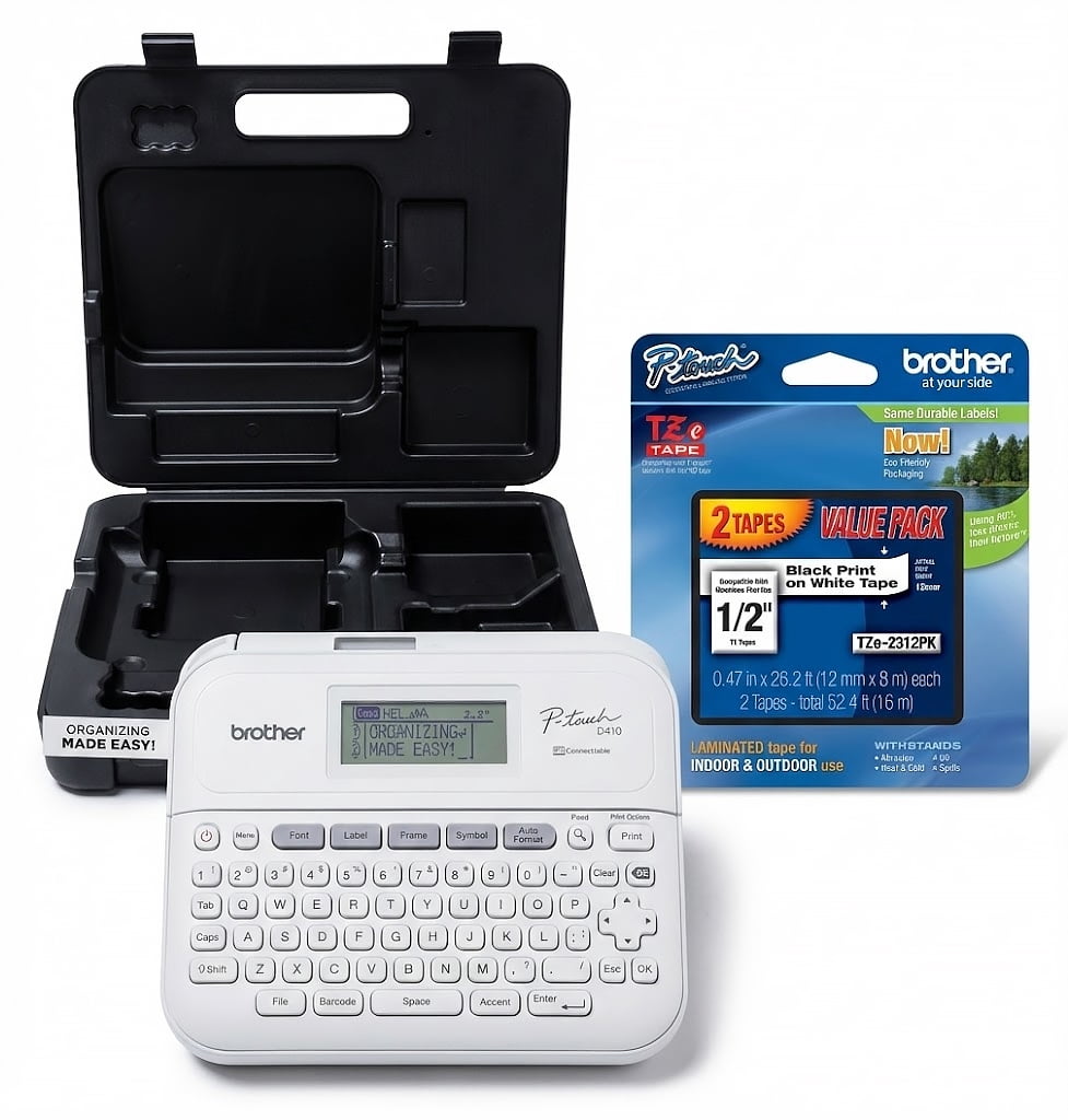 Brother PT-D410 Desktop Label Maker with Hard Carrying Case and BK/WE TZe Laminated Tape Value Pack Bundle
