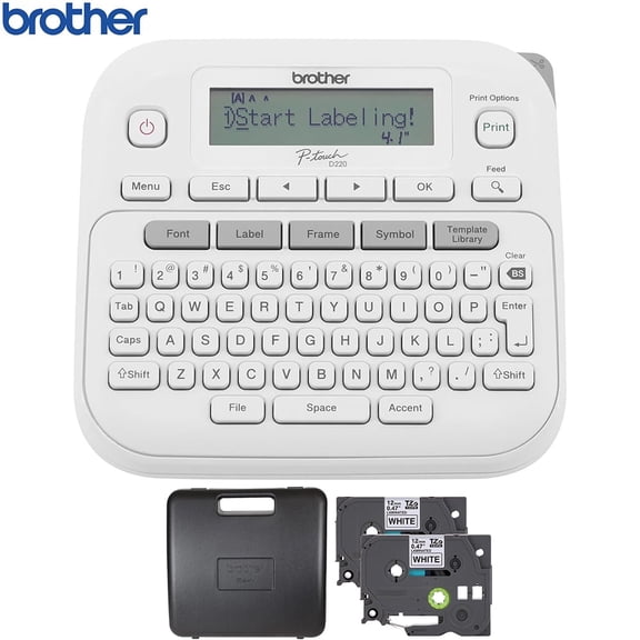 Brother PTD220 Home/Office Everyday Label Maker Bundle with Carrying Storage Case and TZe2312PK P-touch Black Print on White Laminated Label Tape
