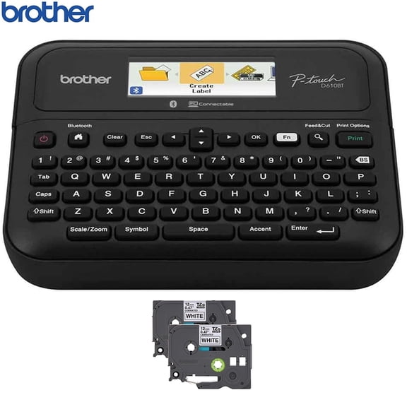 Brother PTD610BT Business Professional Connected Label Maker Bundle with Brother TZe2312PK P-touch Black Print on White Laminated Label Tape