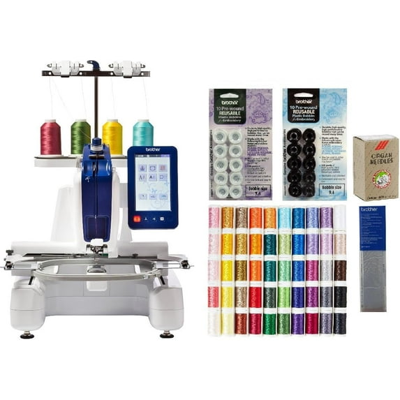 Brother Persona PRS100 Single Needle Embroidery Machine, 63-Piece Thread Set, 20 Bobbins, 100-Piece 75/11 Embroidery Needles, Stabilizer Roll