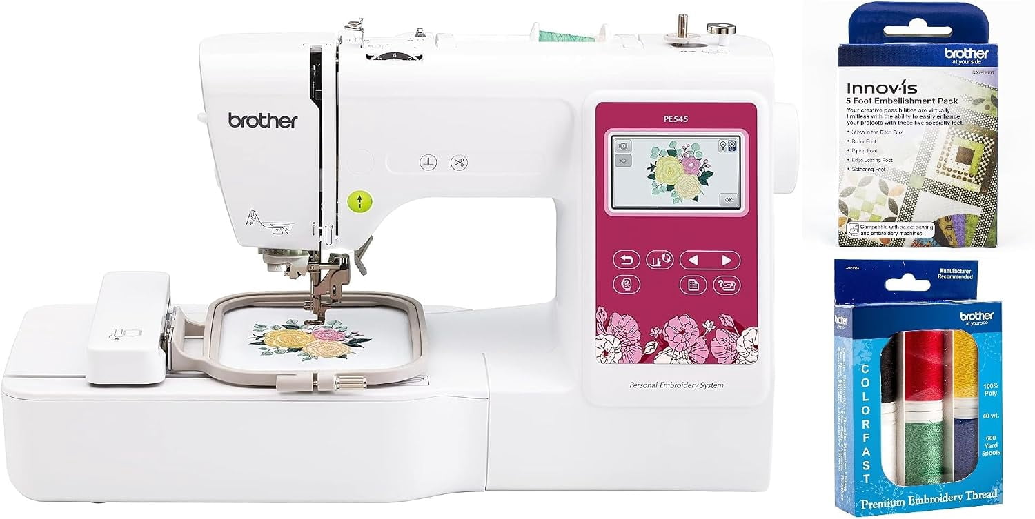 Brother PE545 Embroidery Machine, Wireless LAN Connected, 135 Built-in Designs, 4" x 4" Hoop Area, 5-Foot Embellishment Pack, Premium Embroidery Thread 6 Spools