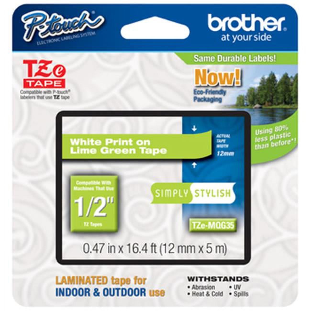 Brother Printer TZEMQG35 Touch 0.5 White On Lime Green Standard Laminated Tape - 16.4 ft. - image 1 of 2
