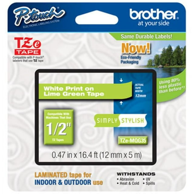 Brother Printer TZEMQG35 Touch 0.5 White On Lime Green Standard Laminated Tape - 16.4 ft.