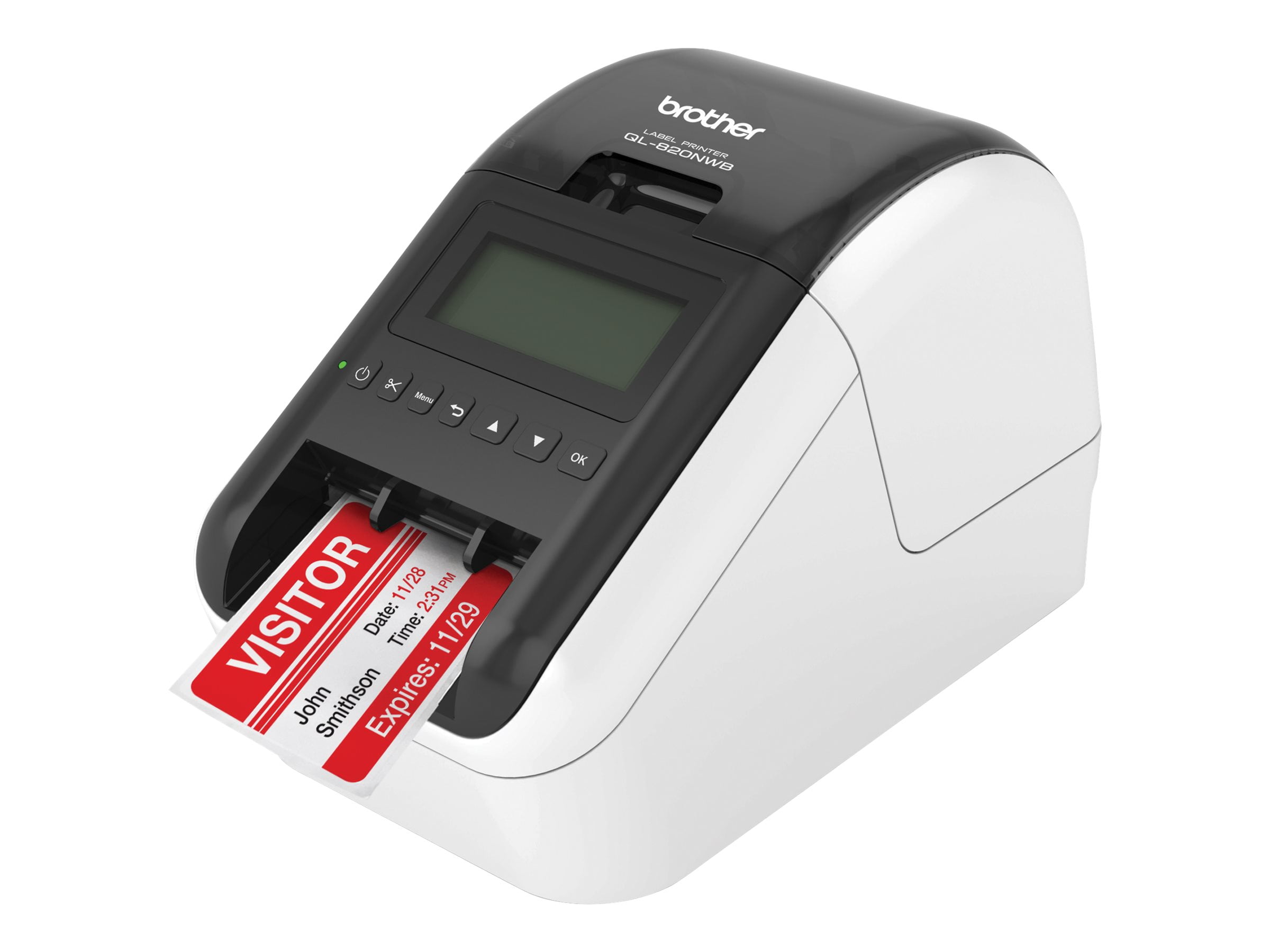 Brother QL-820NWB - Label printer - direct thermal - Roll (2.4 in) - 300 x 600 dpi - up to 110 labels/min - USB 2.0, LAN, Wi-Fi(n), USB host, Bluetooth 2.1 EDR - black, white