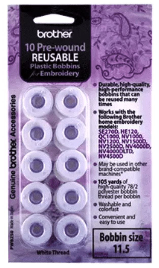 Brother PWB250 Pre-Wound Embroidery Bobbins, White, 10-Pack