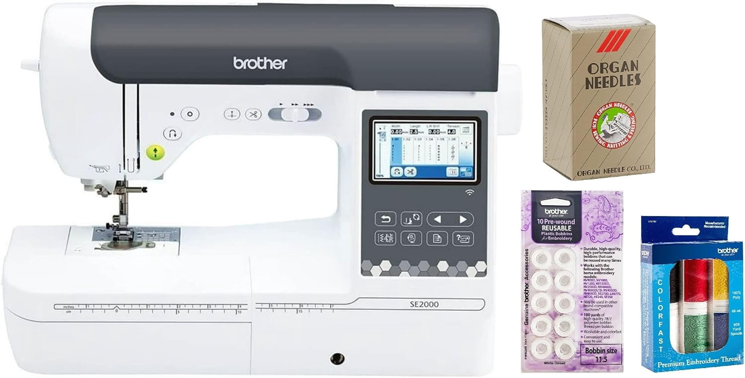 Brother SE2000 Computerized Sewing and Embroidery Machine, Premium Embroidery Thread 6 Spools, 75/11 Size Embroidery Needles 100 Count, White Pre-Wound Bobbins 10 Count Included