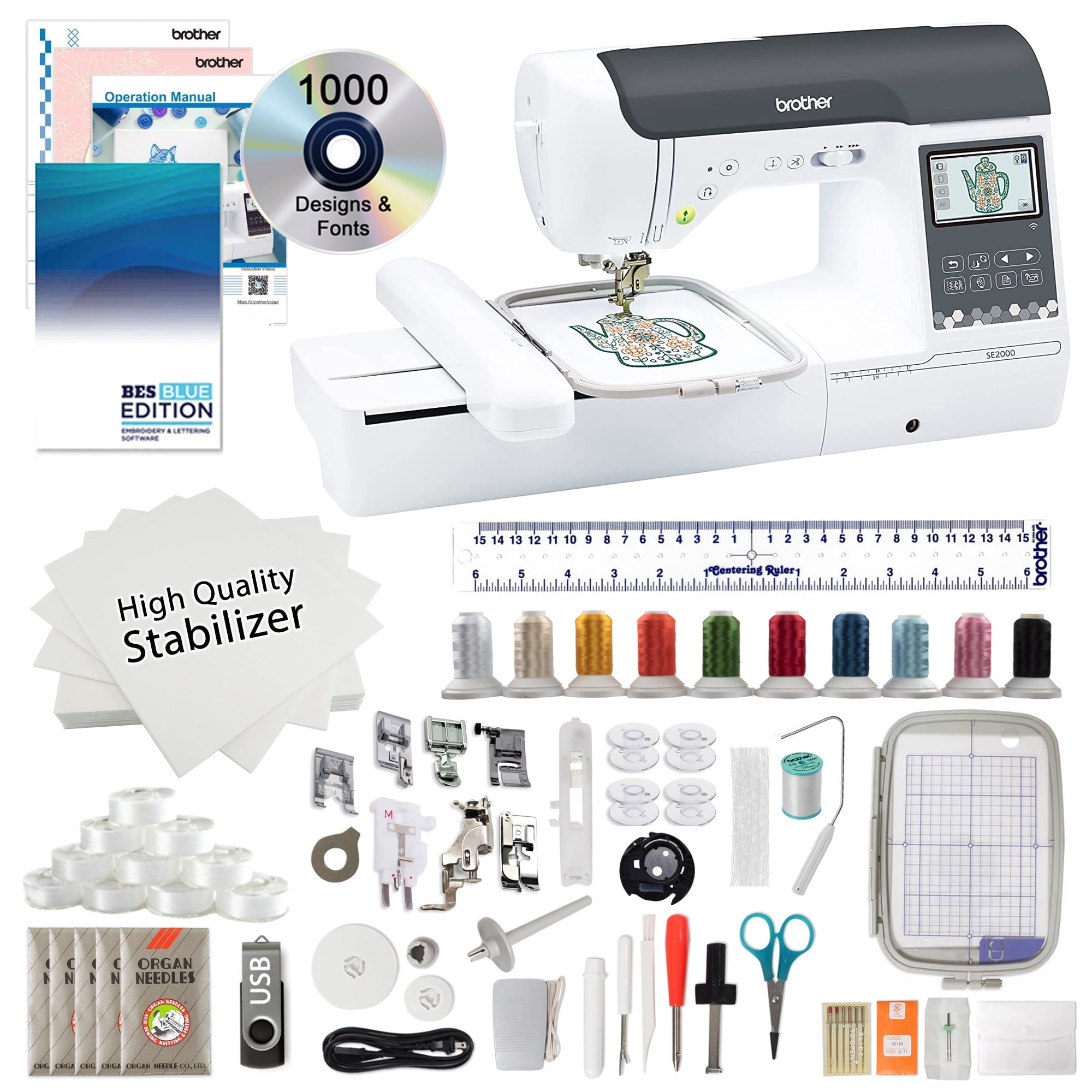 Buy Brother SE2000 Sewing + Embroidery Machine, 5 x 7 Field, Cuts Jump  Stitches, Wireless, Includes Starter Package - 7 Spools of Polystar Thread,  10-Pack of Distinctive Bobbins + 1GB USB Drive