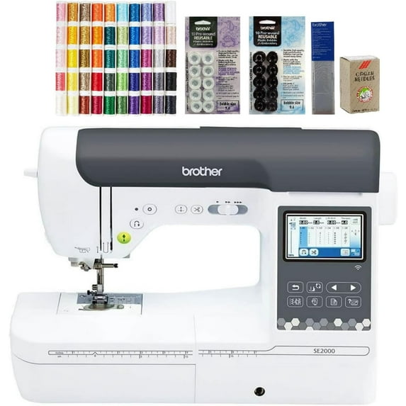 Brother SE2000 Sewing and Embroidery Machine, 50-Piece Designio Thread Set, 20 Bobbins, 100-Piece 75/11 Embroidery Needles, Stabilizer Roll