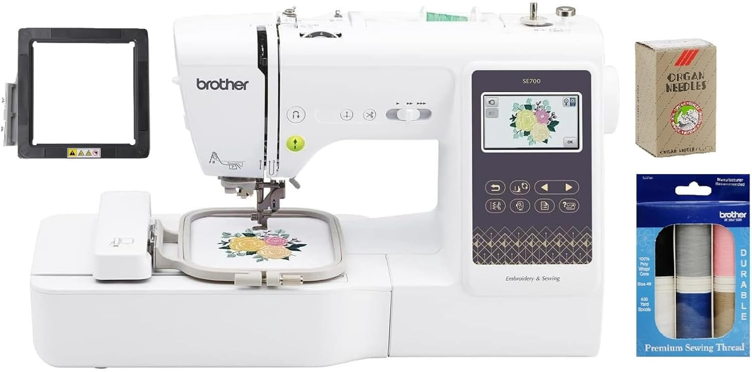 Brother SE700 Computerized Sewing and Embroidery Machine, Wireless LAN Connected, 135 Built-in Designs, 4" x 4" Magnetic Frame, Embroidery Thread 6 Spools, 75/11 Size Embroidery Needles 100 Count