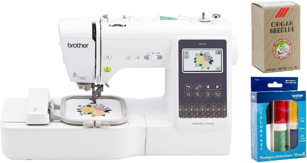 Brother SE700 Sewing and Embroidery Machine, Wireless LAN Connected, 135 Built-in Designs, Computerized, 4" x 4" Hoop Area, Premium Embroidery Thread 6 Spools, 75/11 Size Embroidery Needles 100 Count