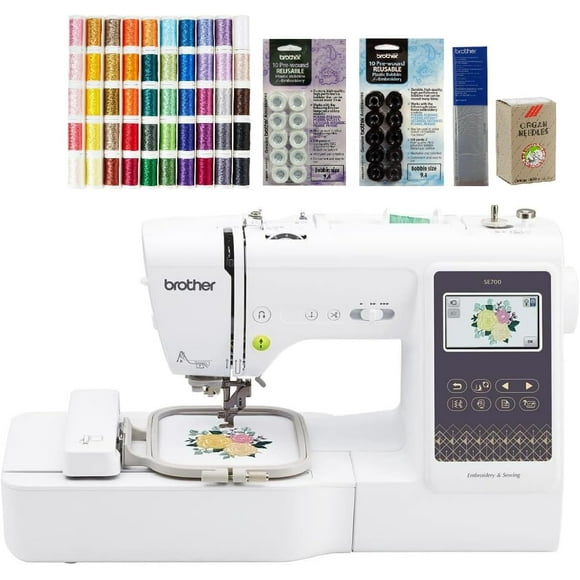 Brother SE700 Sewing and Embroidery Machine, 50-Piece Designio Thread Set, 20 Bobbins, 100-Piece 75/11 Embroidery Needles, Stabilizer Roll