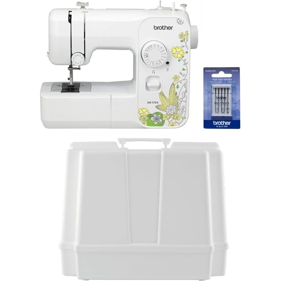 Brother SM1704 17-Stitch Free Arm Sewing Machine, Hard Plastic Storage and Carry Case and 5-Piece Sewing Machine Needles
