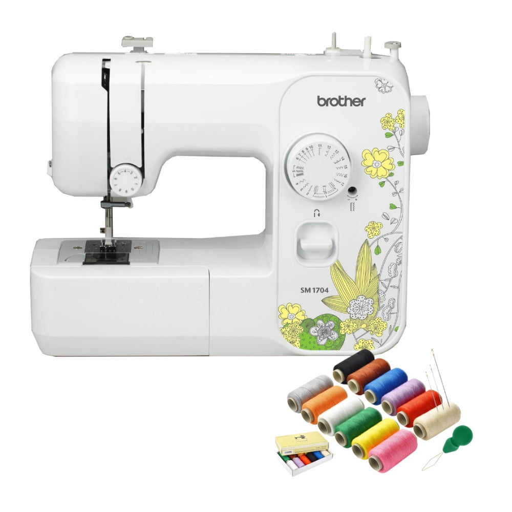 Brother SM1704 17-Stitch Lightweight Sewing Machine (White) Bundle with 12 Color Sewing Thread Kit (2 items)