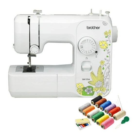 Brother SM1704 17-Stitch Lightweight Sewing Machine (White) Bundle with 12 Color Sewing Thread Kit (2 items)