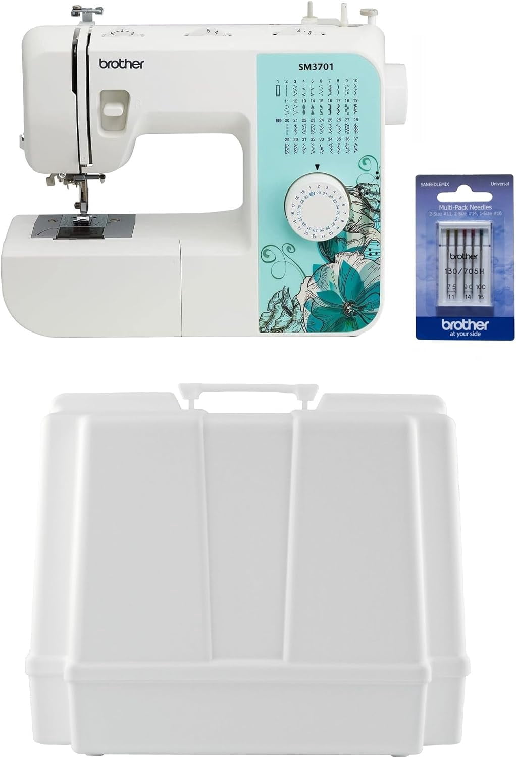 Brother SM3701 37-Stitch Free Arm Sewing Machine, Hard Plastic Storage and Carry Case and 5-Piece Sewing Machine Needles