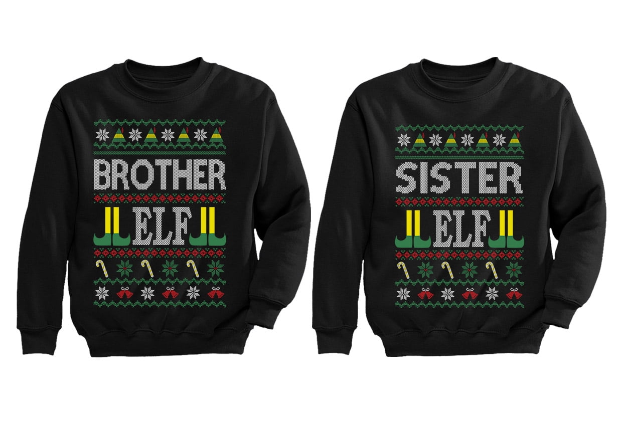 Brother Sister Elf Ugly Christmas Sweatshirts Matching Xmas Family Kids Outfits Brother Elf Black Large / Sister Elf Black Large