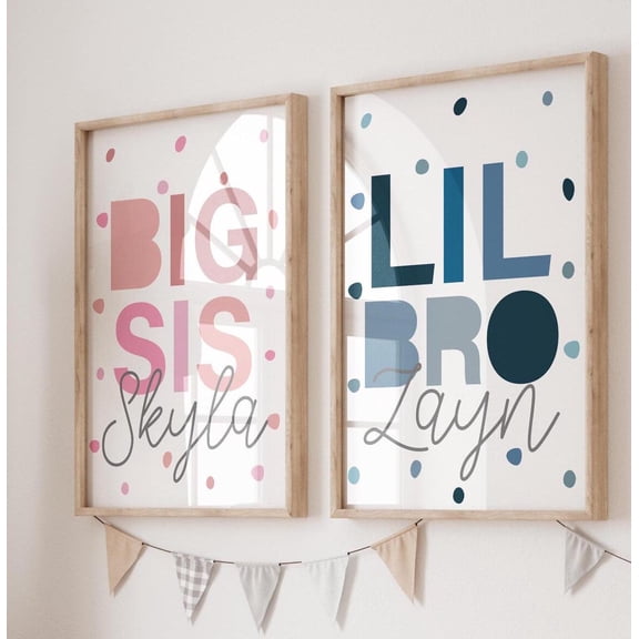 Brother and Sister Prints, Big Sis Lil Bro Prints, Sibling Prints, Brother Sister Wall Art, Playroom, Shared Bedroom, Pink and Blue, Set 2, Poster Only