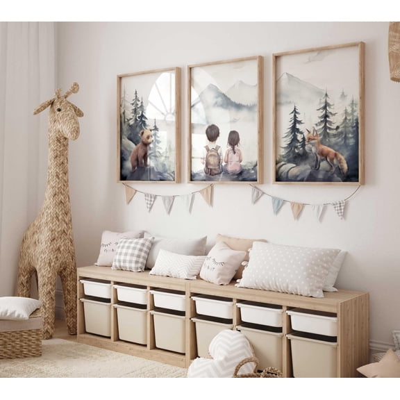 Brother Sister Room Decor Boy Girl Print Shared Sibling Room Woodland Animals Adventure Nursery Set 3 Unframed Paper Print 16x24