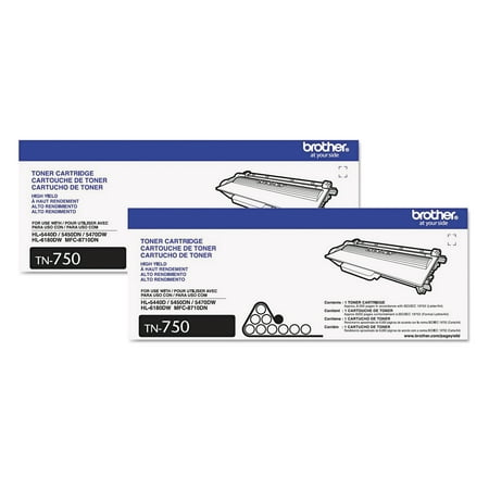 Brother TN750 Genuine High Yield Toner Cartridges, Replacement Black Toner, Two Pack