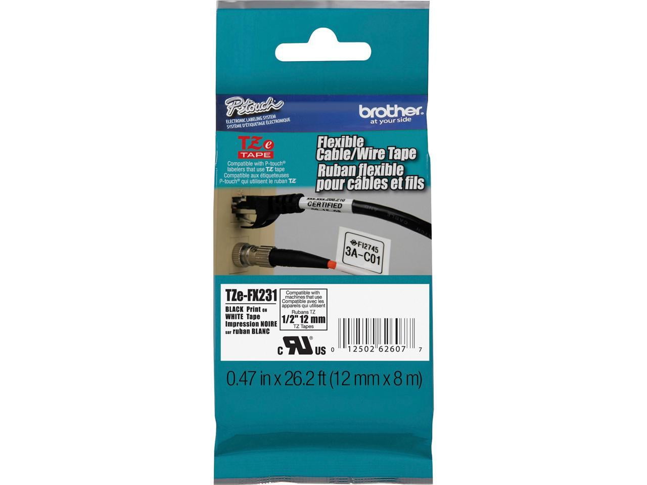 Brother P-Touch TZ FX-231 BLACK Print on WHITE 1/2 Cable