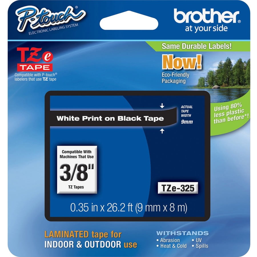 Brother TZE325 - Standard Adhesive - White on Black - Roll (0.35" x 26.3') 1 Roll Laminated Tape
