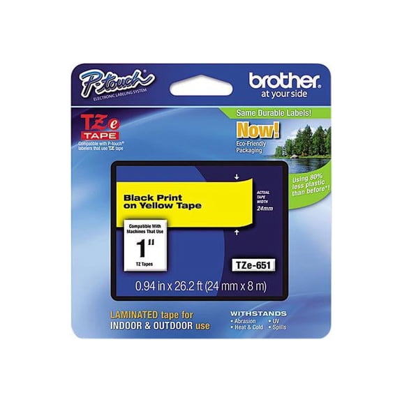 Brother TZE651 TZe Standard Adhesive Laminated Labeling Tape, 1w, Black on Yellow