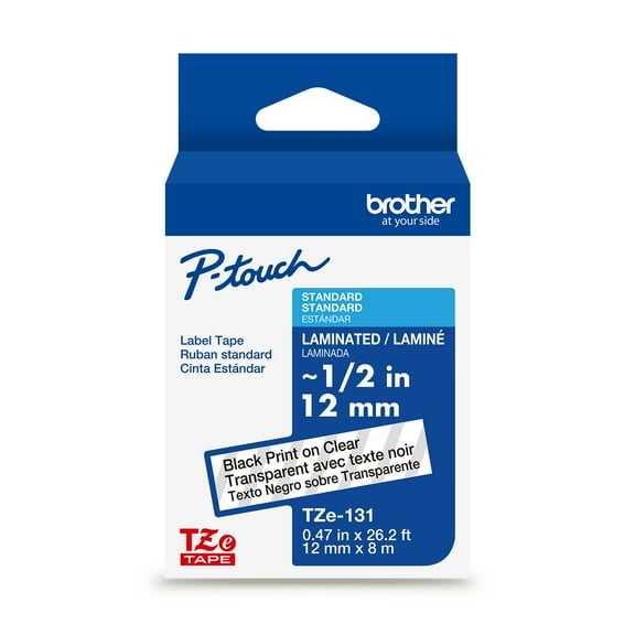 Brother P-touch TZe131 Label Tape, Laminated, Black on Clear, 1/2in x 26.2ft, 1 Roll