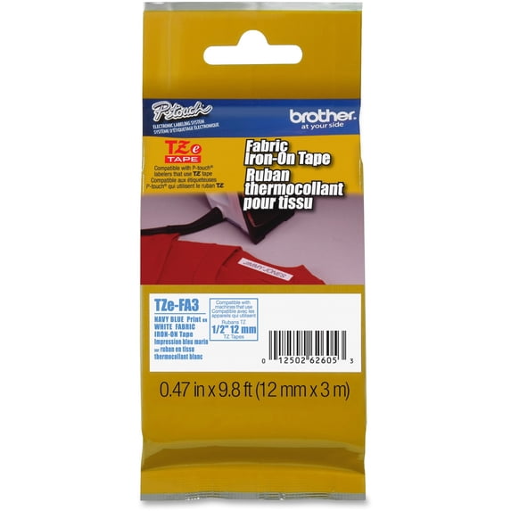 Brother, BRTTZEFA3, TZeFA3 Ptouch Iron-On Tape, 1 Each, White,Navy Blue