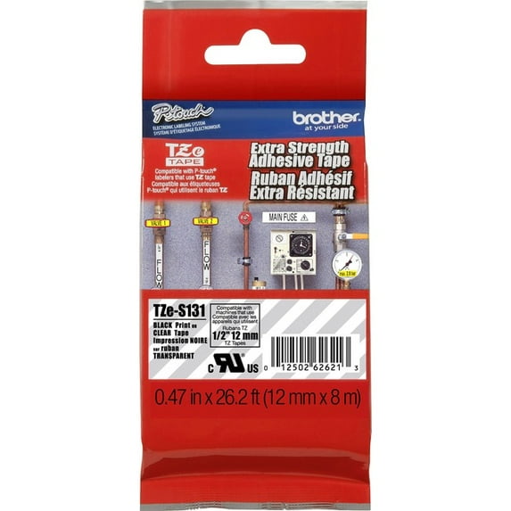 Brother International B47278 TZ Extra-Strength Adhesive Tapes-Laminated - White on Clear - 0.5 in.