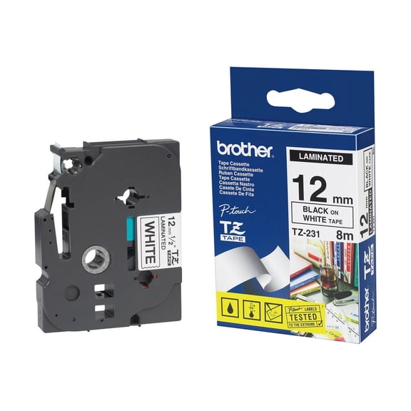 Brother TZ231 - Black on white - Roll (0.47 in x 26.2 ft) 1 cassette(s) laminated tape - for P-Touch PT-1010, 1080, 1090, 1230, 1290, 18, 2100, 2110, 2430, 3600, 7100, 9800, PT-GL-200