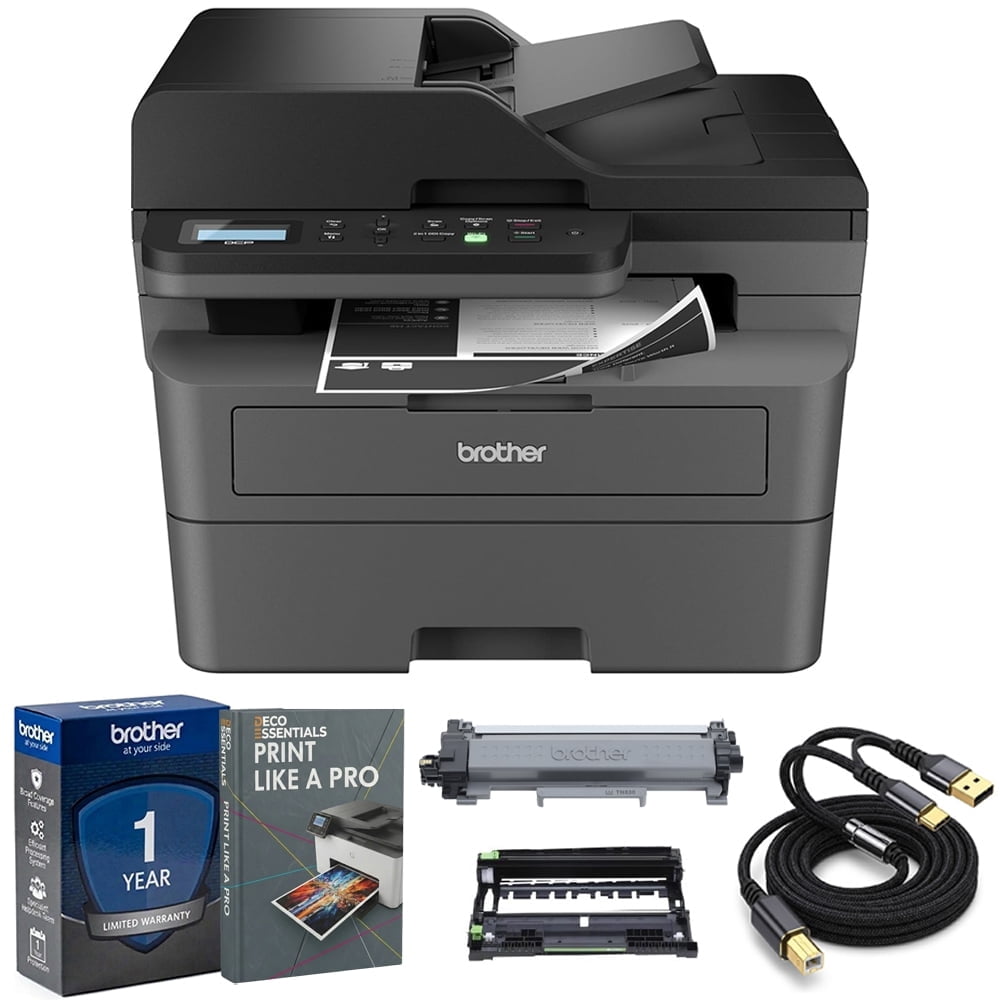 Brother Wireless Compact Monochrome Multi-Function Laser Printer DCP-L2640DW Print Like A Pro Bundle with Deco Essentials Guide and High Speed 6ft USB Type B 2.0 Printer Cable to USB Type-C & USB A