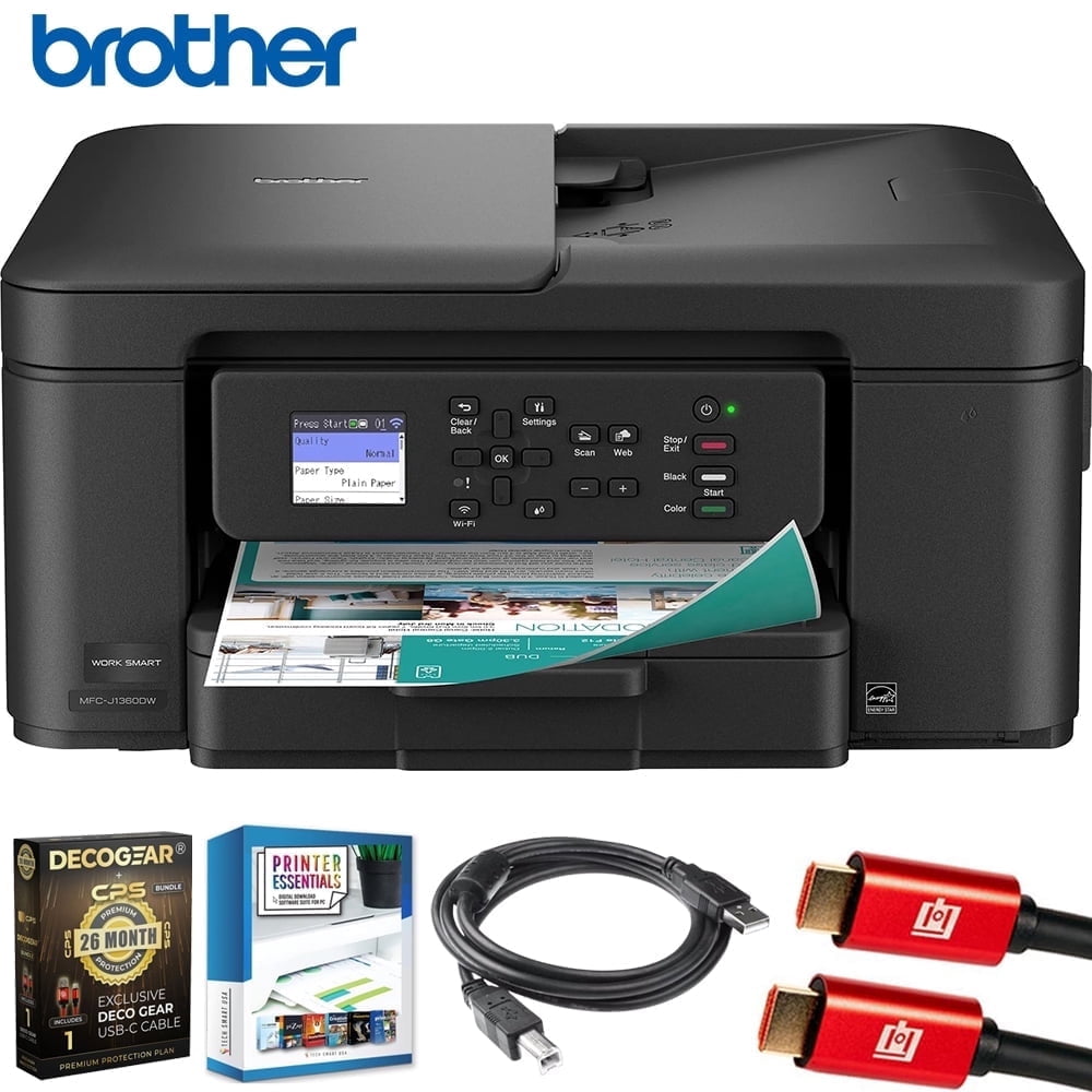 Brother Work Smart 1360 Wireless Color Inkjet All-in-One Printer Bundle with Deco Gear CPS 26 Month Protection Pack, Tech Smart USA Printer Essentials, Deco Essential 6FT Printer Cable and HDMI Cable