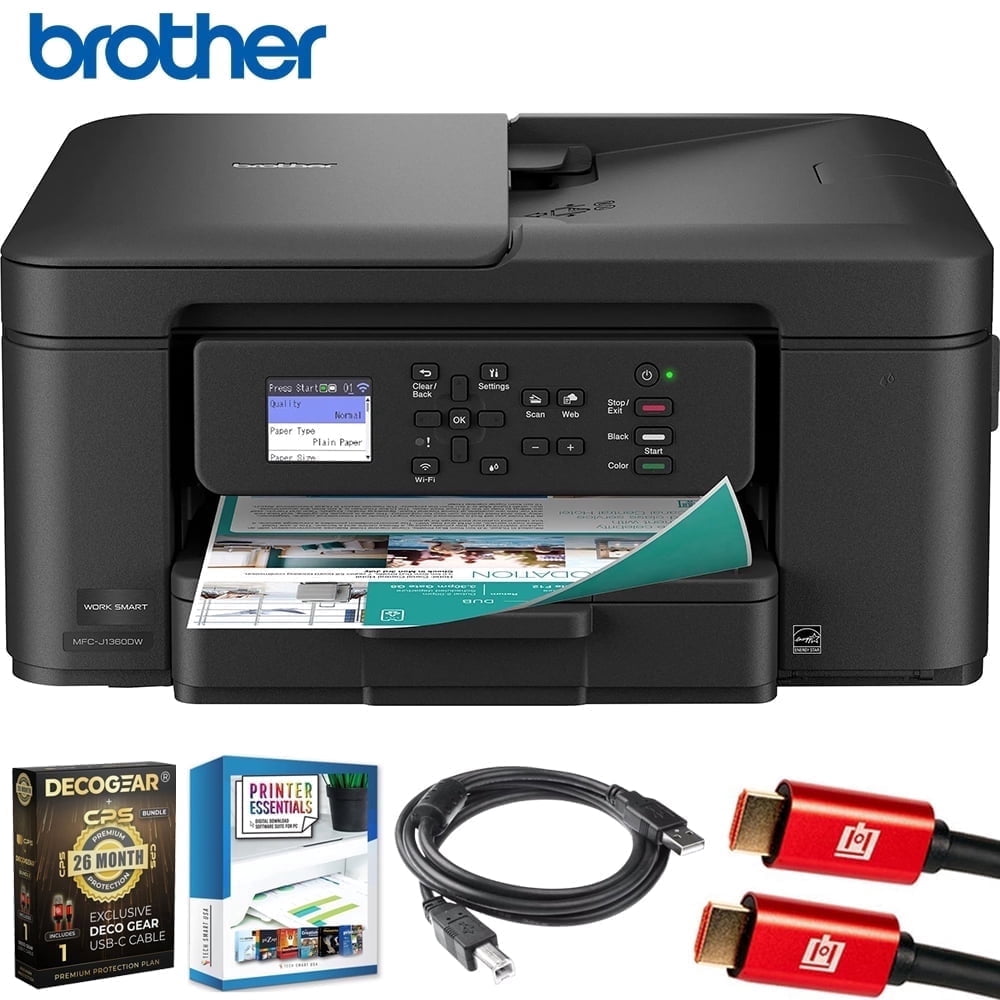Brother Work Smart 1360 Wireless Color Inkjet All-in-One Printer Bundle with Deco Gear CPS 26 Month Protection Pack, Tech Smart USA Printer Essentials, Deco Essential 6FT Printer Cable and HDMI Cable