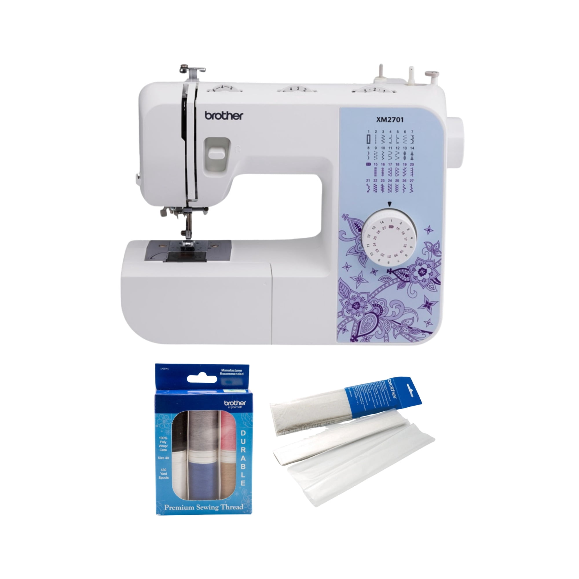 Brother XM2701 27-Stitch Sewing Machine Built-In Needle Threader and 63 Stitch Functions Bundle with Accessories (3 Items)
