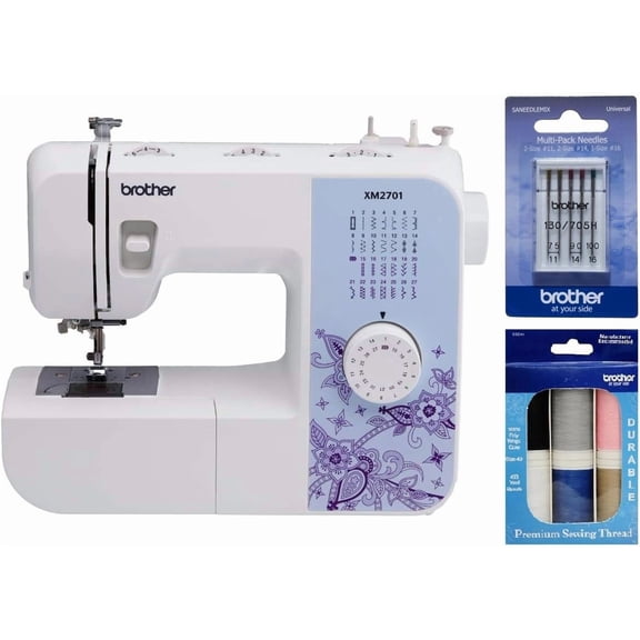 Brother XM2701 27-Stitch Sewing Machine, Premium Thread 6-Pack and 5-Piece Sewing Machine Needles