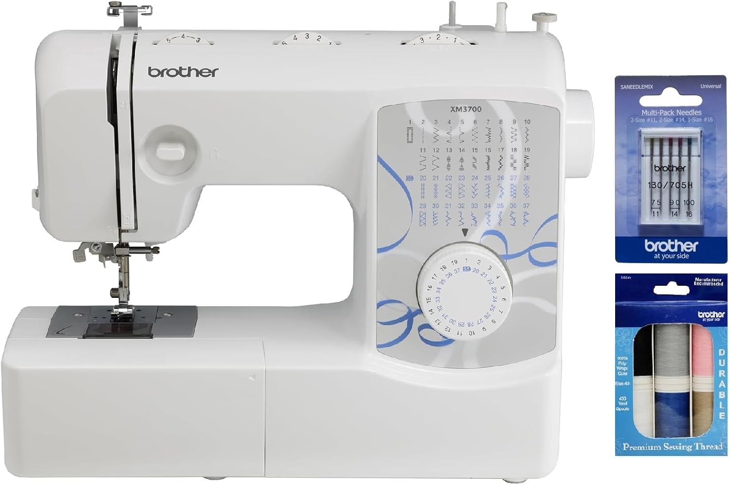 Brother XM3700 Sewing Machine, 37 Built-in Stitches, 5 Included Sewing Feet, Premium Thread 6-Pack and Sewing Machine Needles 5-Pack