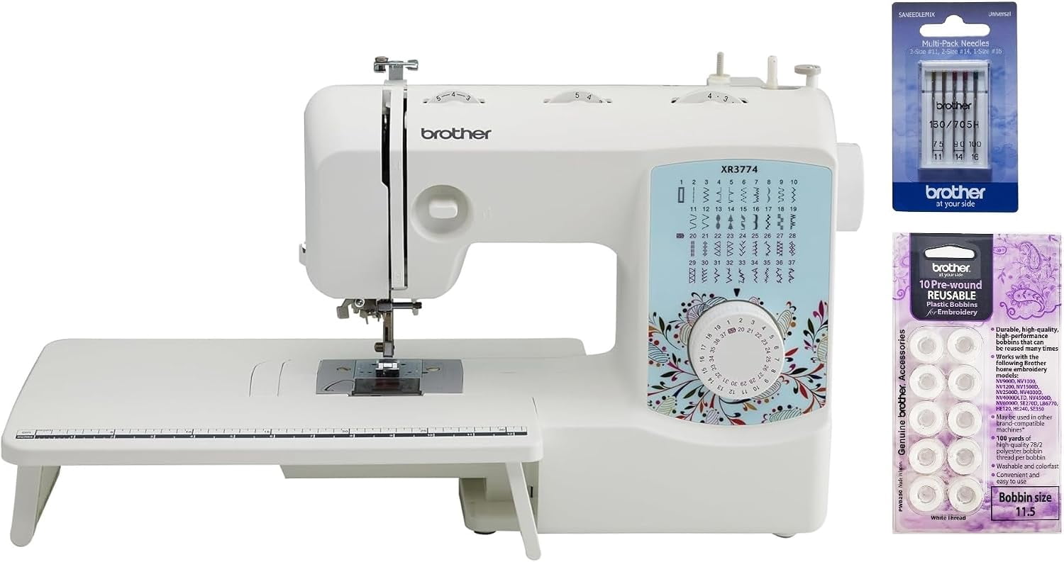 Brother XR3774 Sewing and Quilting Machine, 37 Built-in Stitches, Wide Table, 8 Sewing Feet, Pre-Wound Bobbins 10-Pack and Sewing Machine Needles 5-Pack