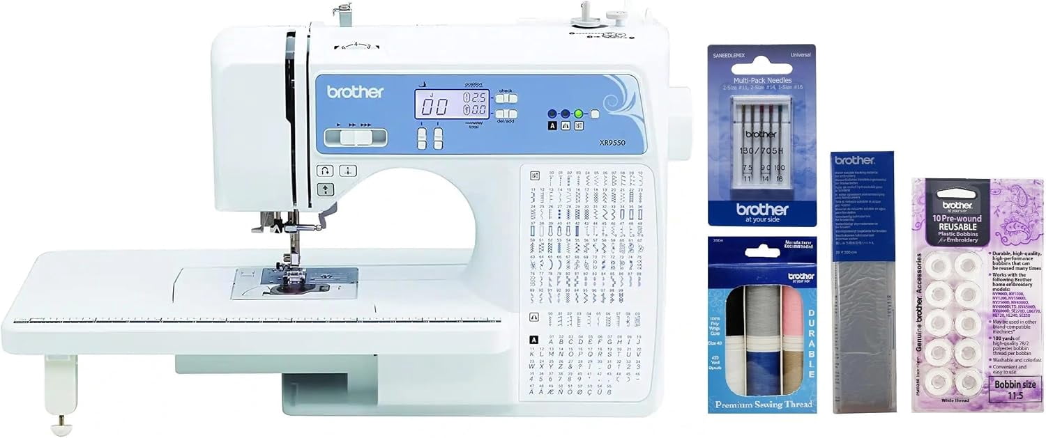 Brother XR9550 Computerized Sewing and Quilting Machine, 165 Built-in Stitches, Wide Table, Premium Thread 6-Pack, Bobbins 10-Pack, Water-Soluble Stabilizer and Sewing Machine Needles 5-Pack