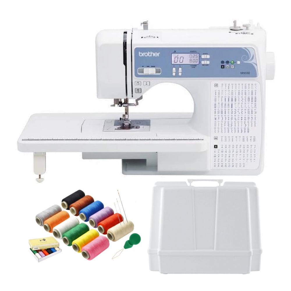Brother XR9550 Computerized Sewing and Quilting Machine (White) Bundle with Hard Case and 12 Color Sewing Thread Kit (3 items)