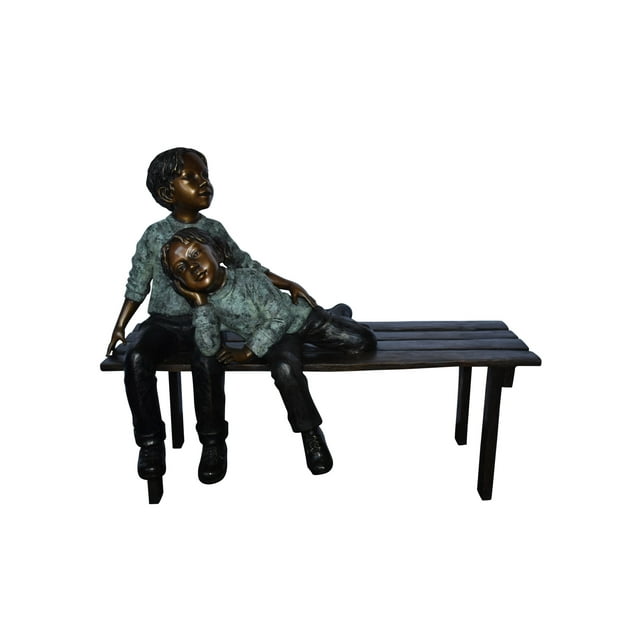 Brother and Sister on A Bench Enjoying Outdoors Bronze Statue  18&quot; x 39&quot; x 33&quot;H