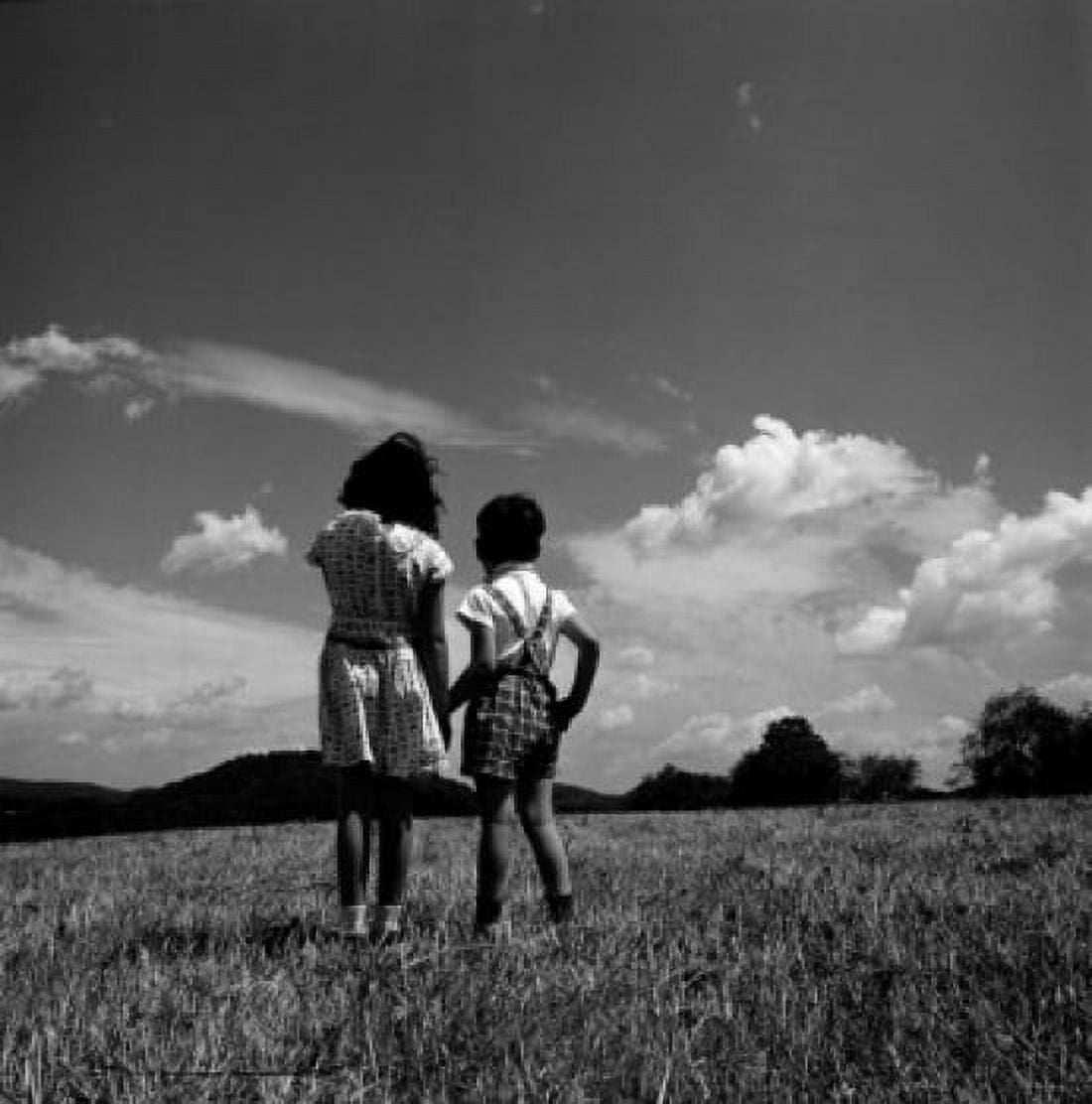 Brother and sister standing on pasture and holding hands rear view Canvas Art - (18 x 24)