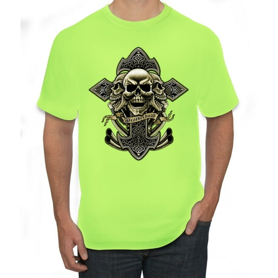 Brotherhood Biker Motorcycles Cross and Skull Pop Culture Men's Graphic T-Shirt, Safety Green, 5XL