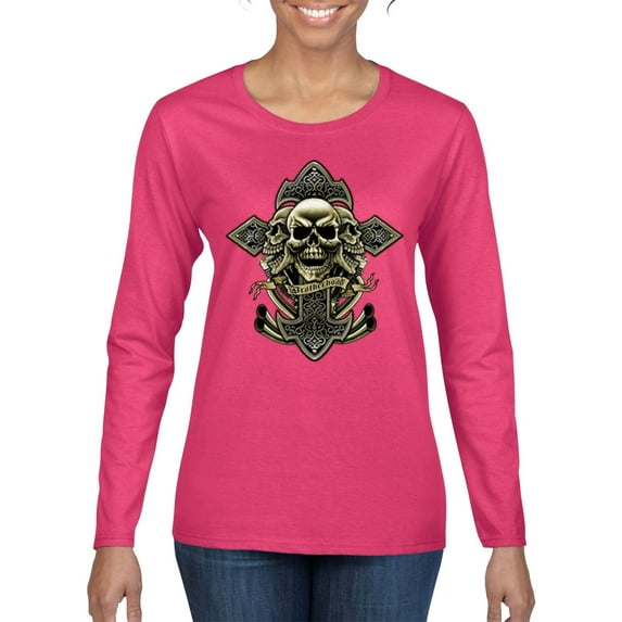 Brotherhood Biker Motorcycles Cross and Skull Pop Culture Womens Graphic Long Sleeve T-Shirt, Fuschia, Large