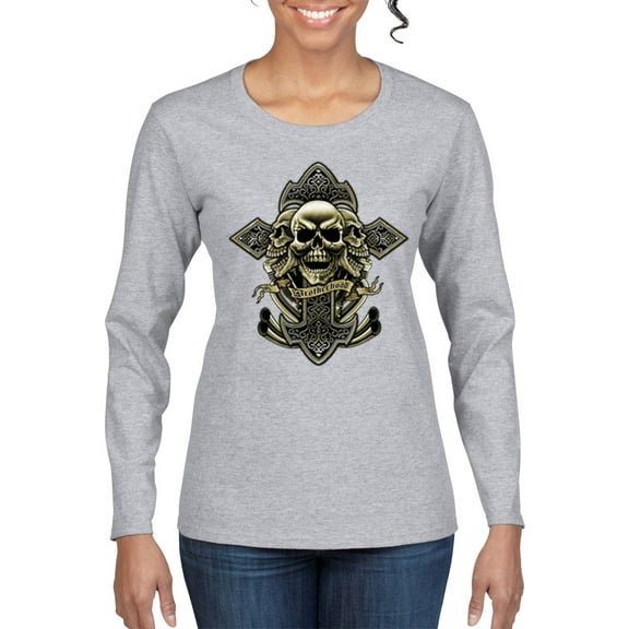Brotherhood Biker Motorcycles Cross and Skull Pop Culture Womens Graphic Long Sleeve T-Shirt, Heather Grey, X-Large